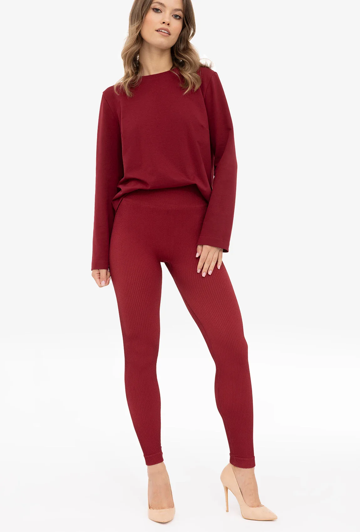 Bordowe legginsy w prążek Nana