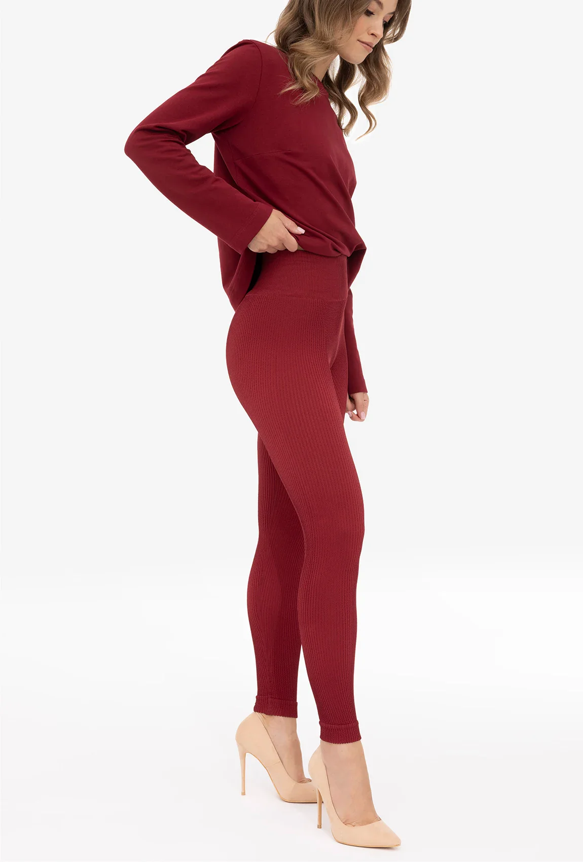 Bordowe legginsy w prążek Nana - Image 3